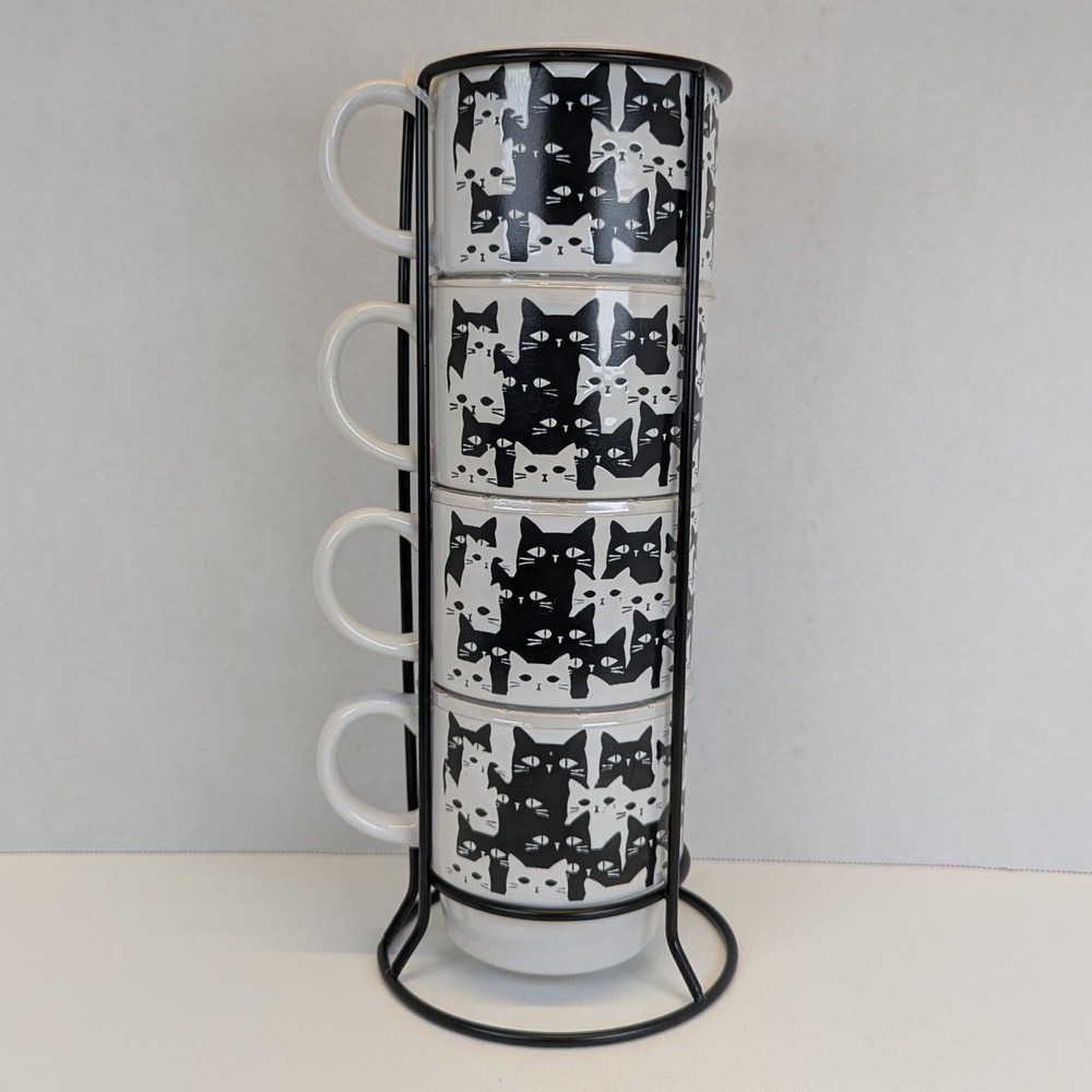 Boston Warehouse Cat Party Tower Mug Set Stackable Ceramic Cups w/ Metal Stand